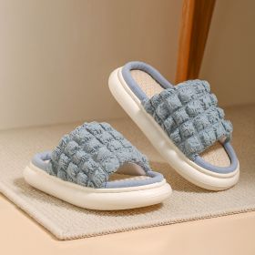 Summer Linen Slippers Women Girl Home Fluffy Casual Outdoor Indoor House Couple Thick Sole Sandals Soft Comfortable Four Seasons (Color: Blue)