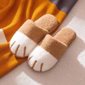 Spring Autumn Winter Fleece Slippers Women Men Warm Home Indoor House Fluffy Casual Cat Paw Cute Plush Shoes Soft Comfortable (Color: Khaki)