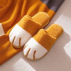 Spring Autumn Winter Fleece Slippers Women Men Warm Home Indoor House Fluffy Casual Cat Paw Cute Plush Shoes Soft Comfortable (Color: Yellow)