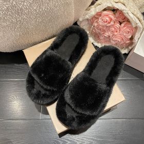 furry house slippers winter for women 2022 trend Soft warm fur fluffy slippers women flat indoor home korean shoes Plus Size 42 (Color: Black)