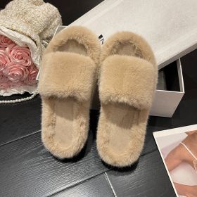 furry house slippers winter for women 2022 trend Soft warm fur fluffy slippers women flat indoor home korean shoes Plus Size 42 (Color: Khaki)