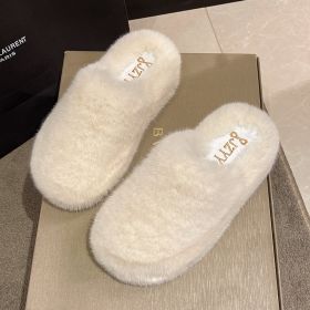 Fur Home Slippers Winter For Women Mules 2022 Korean Trending Warm Fluffy Slippers Women Comfortable Platform Indoor House Shoes (Color: Beige)