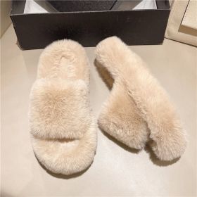 Winter Fur Slippers Woman Ladies Warm Home Slippers Winter For Women Comfortable Fluffy Room Indoor House Plush Shoe 2022 Korean (Color: Khaki)