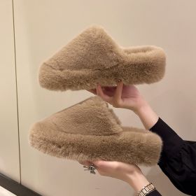 Fur Home Slippers Winter For Women Mules 2022 Korean Trending Warm Fluffy Slippers Women Comfortable Platform Indoor House Shoes (Color: Khaki)