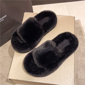 Winter Fur Slippers Woman Ladies Warm Home Slippers Winter For Women Comfortable Fluffy Room Indoor House Plush Shoe 2022 Korean (Color: Black)