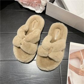 Warm Fluffy Slippers Women Fur Home Slippers Winter For Women 2022 Trending Flip Flops Female Plush Bow Room House Indoor Shoes (Color: Khaki)