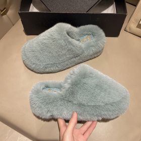 Winter Fur Slippers Woman Mules 2022 New Trend Warm Fluffy Home Slippers Winter For Women Comfortable Indoor House Shoes Ladies (Color: Blue)