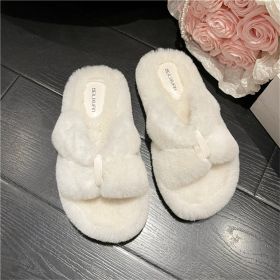 Warm Fluffy Slippers Women Fur Home Slippers Winter For Women 2022 Trending Flip Flops Female Plush Bow Room House Indoor Shoes (Color: Beige)