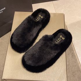 Winter Fur Slippers Woman Mules 2022 New Trend Warm Fluffy Home Slippers Winter For Women Comfortable Indoor House Shoes Ladies (Color: Black)