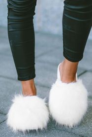 White Fuzzy Round Toe Home Slippers (Color: White)