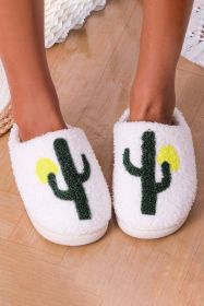 White Fuzzy Cactus Pattern Winter Slippers (Color: White)