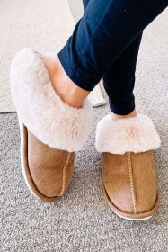 Camel Suede Plush Patchwork Thick Sole Slippers (Color: Camel)