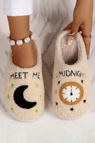 Parchment Moon & Clock Pattern Fuzzy Home Slippers (Color: Parchment)